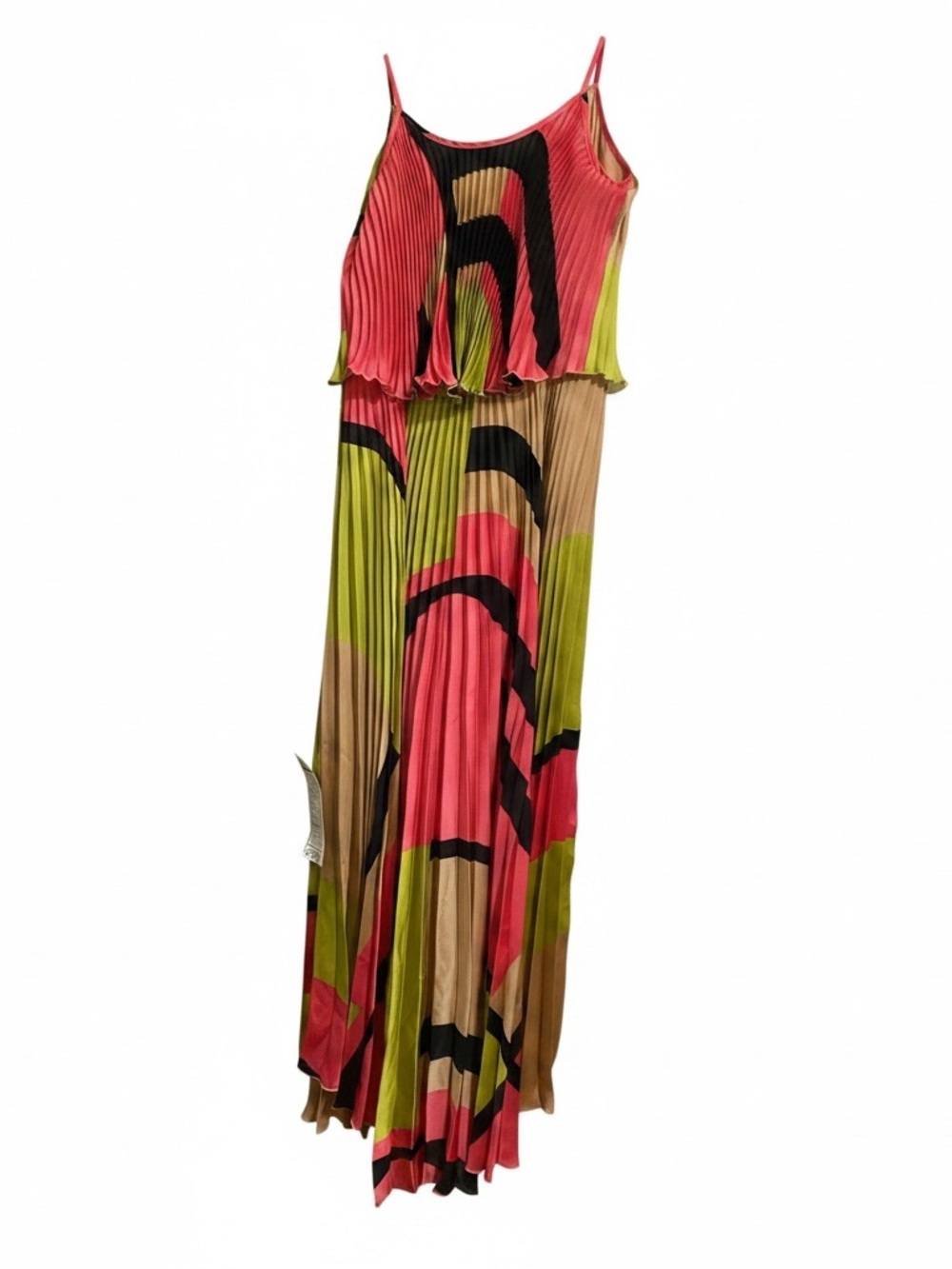Cache Pleated Hi‑Low Spaghetti Strap Dress in Lime Green, Coral and Black - Picture 2 of 6